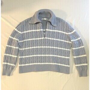 Hollister Cropped Cable Knit Sweater XS Blue Stripe 1/4 Zip Preppy Coastal Chic